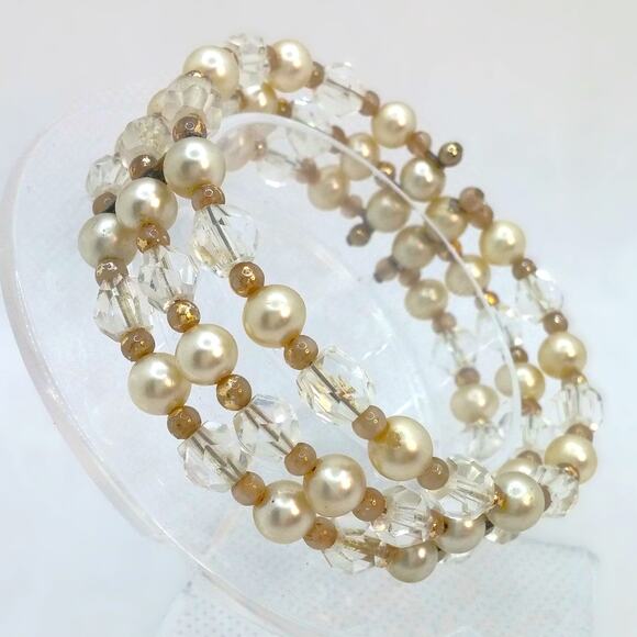 Vintage Triple Strand Pearl Bracelet Mid Century Clear Crystal Cuff Flex Wire - Picture 3 of 9